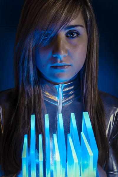 Virtual Technology.Fiber Optic concept, woman with modern lights — Stock Photo, Image