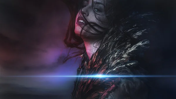 Beautiful, young woman with feathers