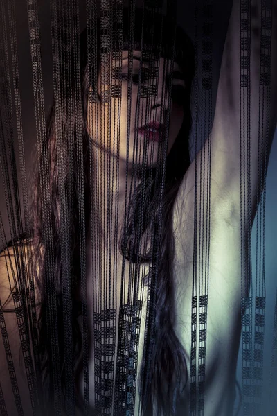 Naked girl behind curtains — Stock Photo, Image