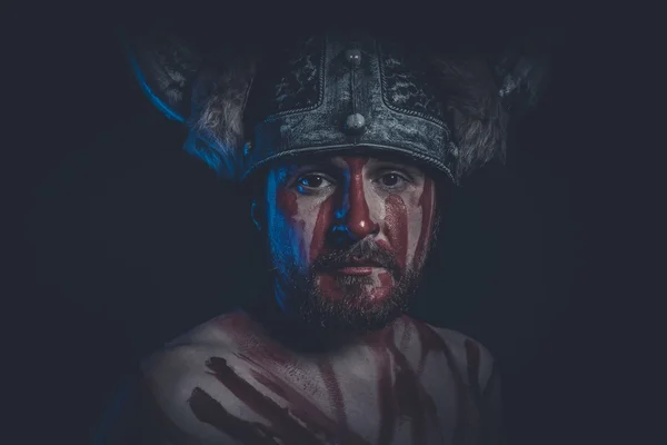 Viking krijger met een gehoornde helm — Stockfoto