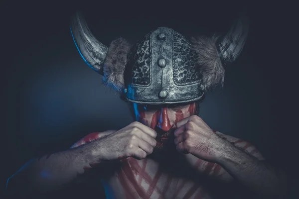 Guerriero vichingo con casco cornuto — Foto Stock