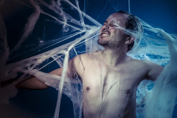 Naked man trapped in spider web — Stock fotografie