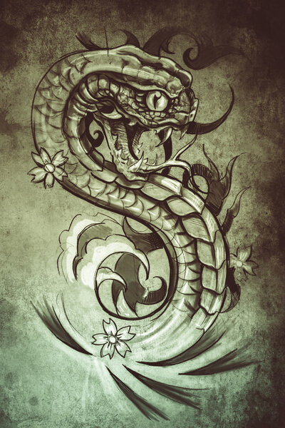 татуировка змея иллюстрация, ручной рисунок на винтажной бумаге

