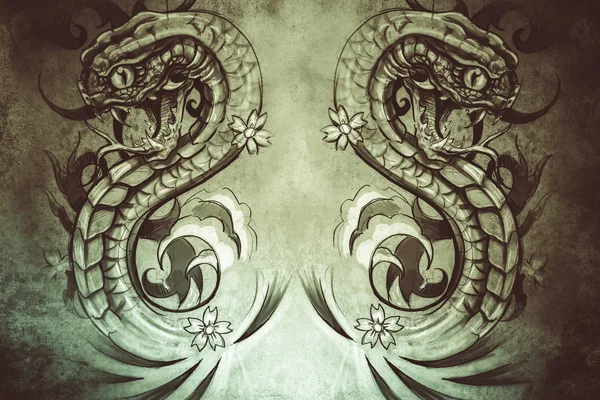 Serpenti. Disegno del tatuaggio su sfondo grigio. sfondo strutturato. A — Foto Stock