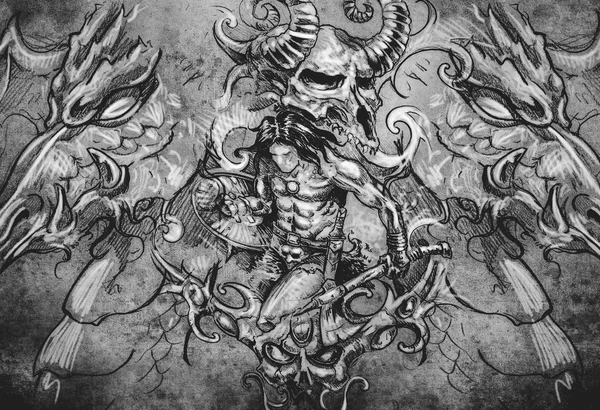 Warrior with dragons tattoo illustration — Stock Photo, Image