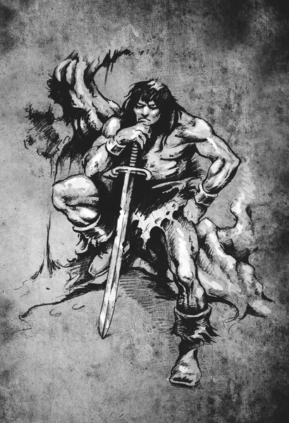 Warrior with big sword tattoo illustration — Stock Photo, Image