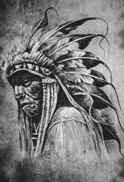 아메리카 원주민 인디언 헤드 문신 그림 — 스톡 사진