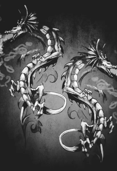 Deux dragons fantaisie illustration de tatouage — Photo