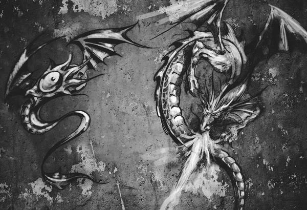 Dragones sobre ilustración gris del tatuaje de pared —  Fotos de Stock