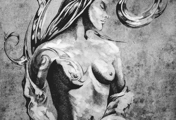 Nude fairy illustration on vintage paper, — Stock Photo, Image