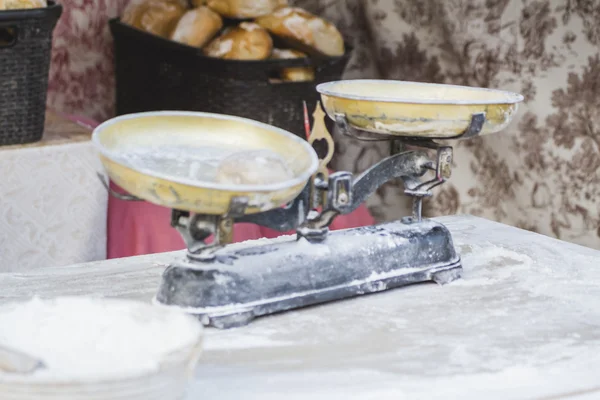 Old bascule, scale to weigh flour, medieval fair — Stock Photo, Image