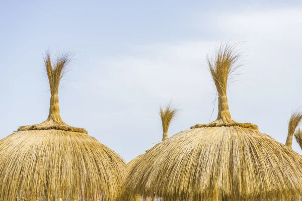 Солом'яні парасольки на березі моря — стокове фото