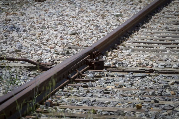 Perspectiva, trilhos de trem, detalhe dos caminhos de ferro em Espanha — Fotografia de Stock