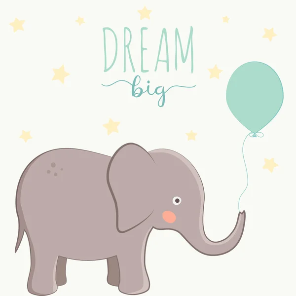 Graziosa Illustrazione Vettoriale Con Elefante Stelle Scritte Dream Big Poster — Vettoriale Stock