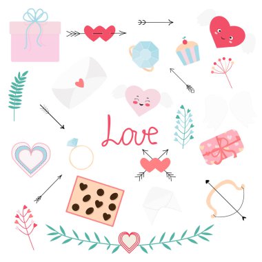 Sevgililer Günü seti, oklar, kalpler, çiçekler, yüzükler ve hediye tasarımı. Davetiyeler, Sevgililer Günü ya da düğün kartları için poster, afiş, dekorasyon tasarımı, baskı şablonu.