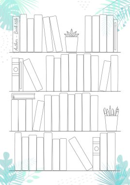 Kitap rafları ve arka planda tropikal yapraklı kitaplarla basılabilir A4 kağıdı. Günlük sayfası, alışkanlık takip cihazı, günlük planlama şablonu için minimalist planlayıcı, defter için boş.