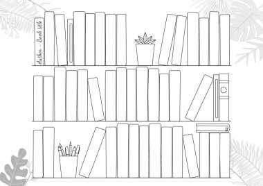 Kitap rafları ve arka planda tropikal yapraklı kitaplarla basılabilir A4 kağıdı. Günlük sayfası, alışkanlık takip cihazı, günlük planlama şablonu için minimalist planlayıcı, defter için boş.