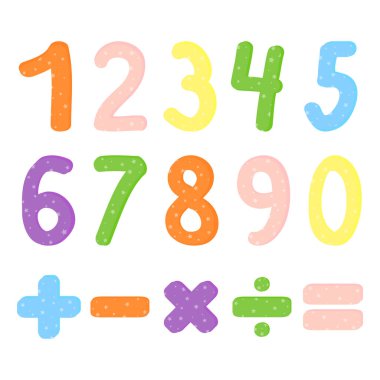 0 'dan 9' a kadar sayılar ve matematik sembolleriyle vektör illüstrasyonu. Matematik, matematik ya da doğum günü daveti, parti kartı dekorasyonu, yıldönümü, karnaval okuyan çocuklar için.