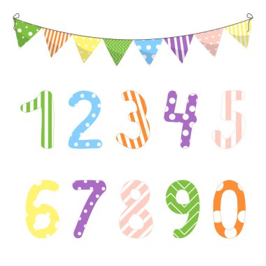 0 'dan 9' a kadar sayılar ve matematik sembolleriyle vektör illüstrasyonu. Matematik, matematik ya da doğum günü daveti, parti kartı dekorasyonu, yıldönümü, karnaval okuyan çocuklar için.