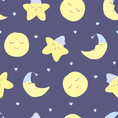 Ay (hilal), yıldızlar ve kalpler mor renkte. Duvar kağıtları, kumaş, tekstil ve keten, baskı giysileri ve pijama, hediye ve paket kâğıdı, pijama partisi davetiyesi.