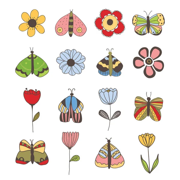 Vector Set Isolated Butterflies Flowers White Background Invitations Greeting Cards — Stock Vector