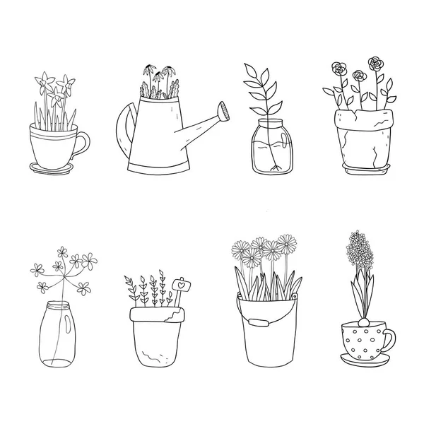 Векторний Набір Простих Намальованих Вручну Ізольованих Садових Елементів Квіткового Горщика — стоковий вектор