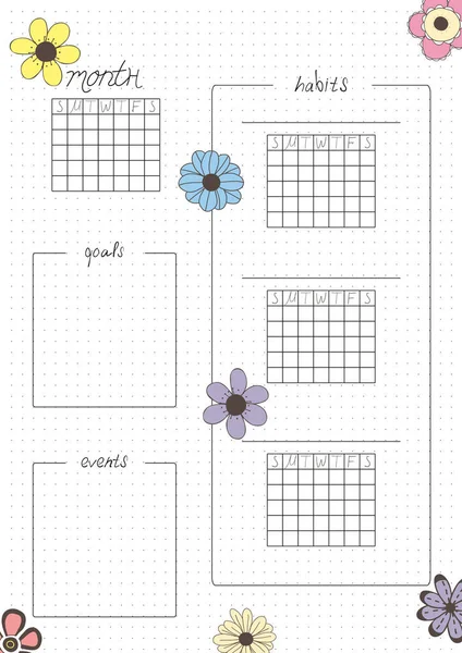 Afdrukbare Papier Blad Bullet Journal Pagina Met Hand Getrokken Bloemen — Stockvector