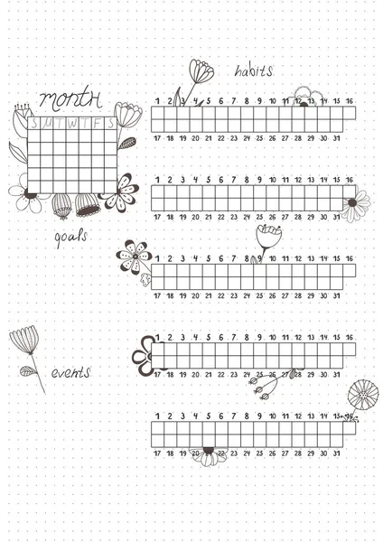 Afdrukbare Papier Blad Bullet Journal Pagina Met Hand Getrokken Bloemen — Stockvector