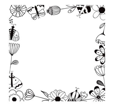 Beyaz arka planda izole edilmiş, el yapımı kelebek ve çiçeklerle siyah-beyaz bir çerçeve. Romantik çerçeve, düğün davetiyeleri için şablon, dekor, tebrik kartı, etiketler, rozetler, etiketler veya pullar.