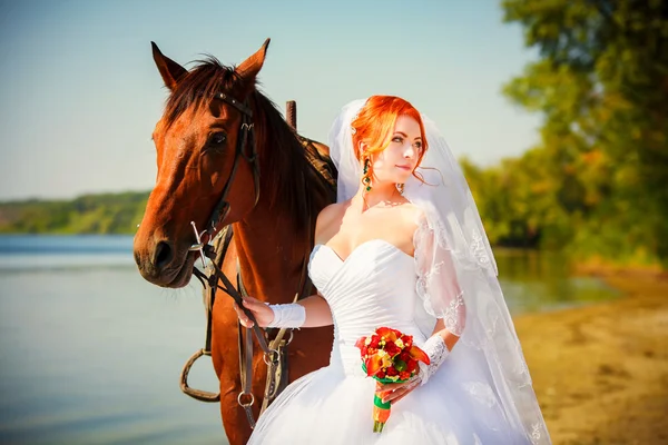 Portrait of beautiful bride with horse — Stock Photo, Image