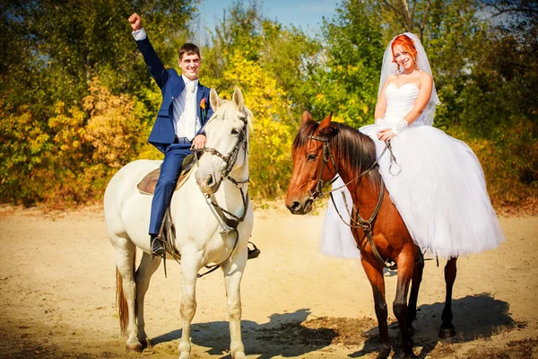 Pareja joven montando un caballo marrón en el campo en verano Fotos De Stock Sin Royalties Gratis