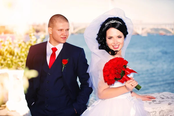 Portrait of beautiful bride and groom at the beach — Stock Photo, Image