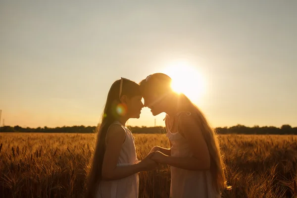 Little sisters are twins to meet sunset — Stock Photo, Image