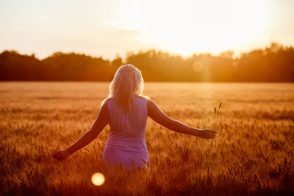 Schönheit romantisches Mädchen im Freien. schöne Teenager-Modell Mädchen in legerem kurzen Kleid auf dem Feld im Sonnenlicht. pusten lange Haare. Herbst. Glühende Sonne, Sonnenschein. Gegenlicht. in warmen Farben getönt — Stockfoto