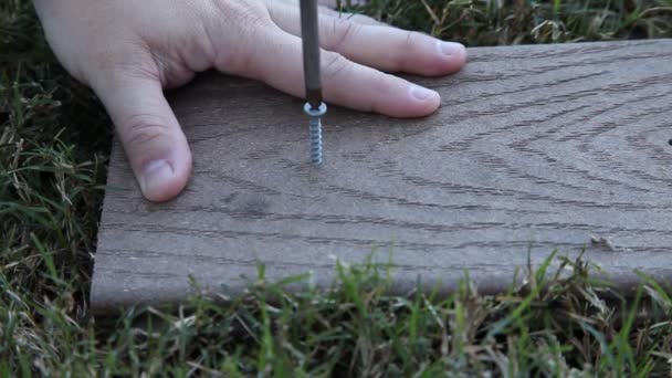 Hombre atornillando un tornillo en madera. — Vídeos de Stock