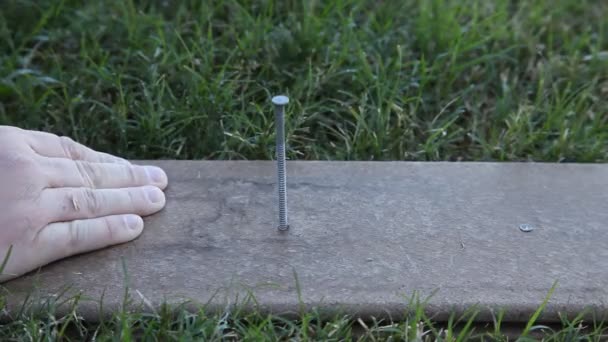 Uomo martellare un chiodo in legno . — Video Stock