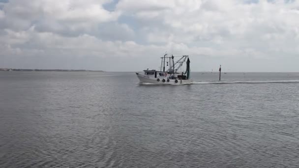 Shrimp boat returning to Kemah Marina. — Stock Video