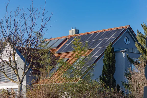 Solar Panel Rooftop Renewable Energy Blue Sky Germany City Schwabisch — Stock Photo, Image