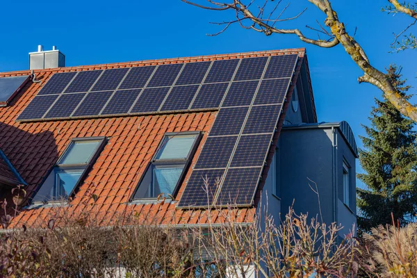 Solar Panel Rooftop Renewable Energy Blue Sky Germany City Schwabisch — Stock Photo, Image