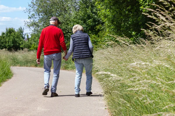 Pareja Ancianos Caminando Aire Libre Mediodía Soleado Alemania —  Fotos de Stock