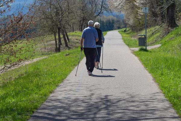 Casal Sênior Andando Primavera Sul Campo Alemão Com Paus Caminhada — Fotografia de Stock