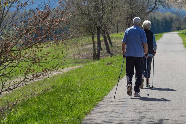 Pareja Ancianos Caminando Primavera Campo Del Sur Alemania Con Bastones —  Fotos de Stock