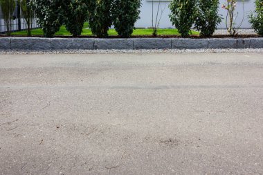 Almanya 'da baharda yeşil ve taş duvar cepheleri olan modern bahçe evleri.