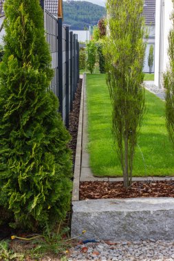 Almanya 'da baharda yeşil ve taş duvar cepheleri olan modern bahçe evleri.