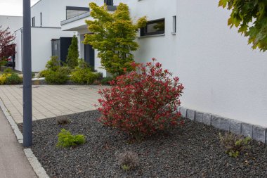 Almanya 'da baharda yeşil ve taş duvar cepheleri olan modern bahçe evleri.