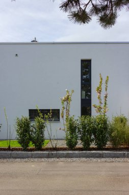 Almanya 'da baharda yeşil ve taş duvar cepheleri olan modern bahçe evleri.