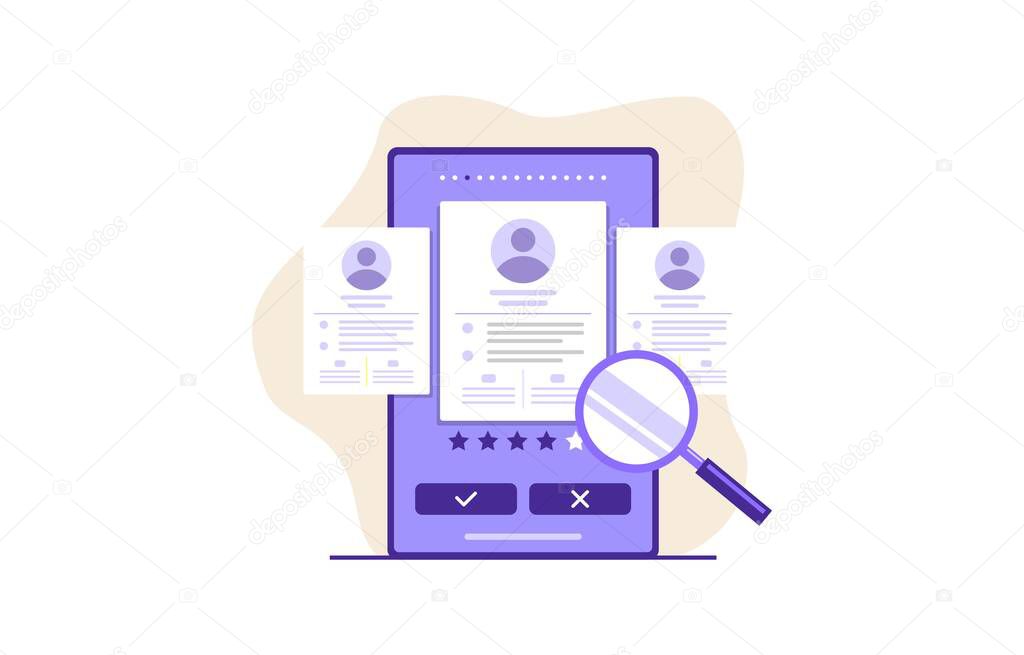 Selecting Document Portfolio Flat Illustration Design contain paper, magnifying glass, and smart phone