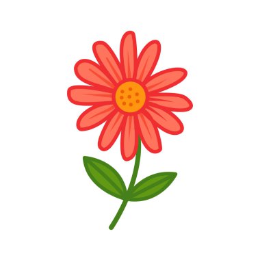 A red flower illustration with multiple petals, green leaves, and a curved stem. Bright, cheerful botanical element suitable for nature themes, logos, decorations, and floral projects.