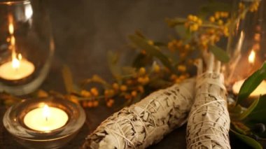 Kurutulmuş beyaz adaçayı lekesi, gevşeme ve aromaterapi. Psişik okült ayin, bitkisel şifa, yoga ya da aura temizliği sırasında lekeler. Esrarengiz ayinler ve fal bakımı için temel tütsü