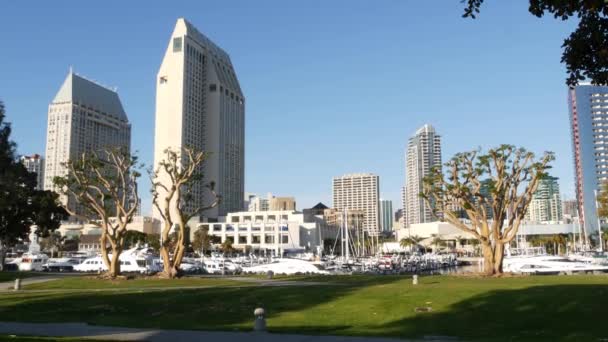 Embarcadero marina park, big coral trees near USS Midway and Convention Center, Seaport Village, San Diego, California USA. Yates y hoteles de lujo, skyline urbano de metrópolis y rascacielos — Vídeos de Stock